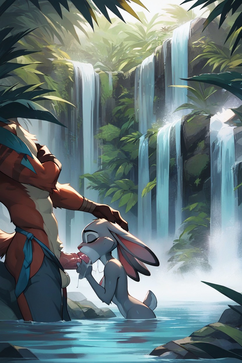 In The Water, Waterfall, Daytime Furry AI Porn