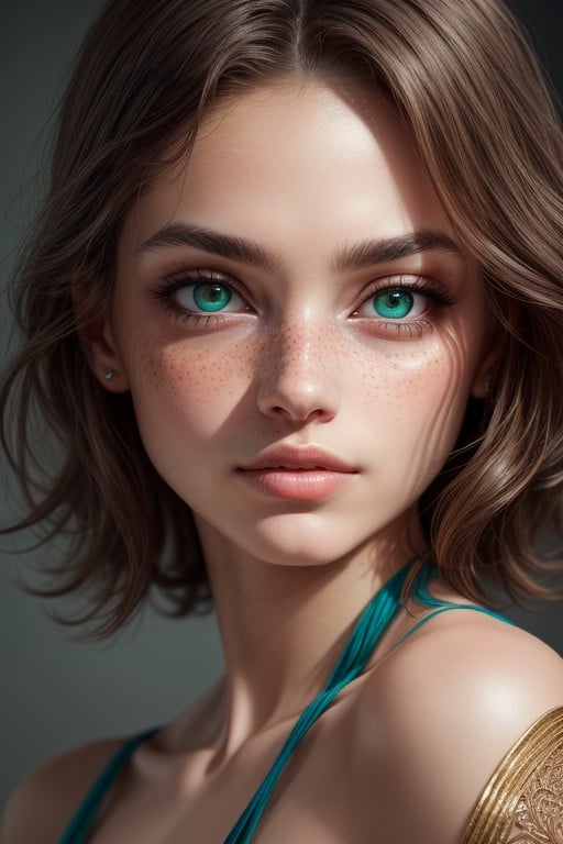 And Her Eyebrows Are Thick And Well Defined, With Her Lips Slightly Parted As If In Thought She Has Noticeable Freckles On Her Cheeks And Nose, Sharp Eyes That Are A Muted Gray Green With Hints Of Turquoise She Has Shoulder LengthAI黄片