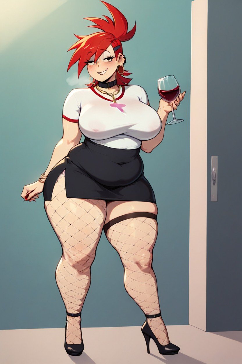 发骚, 昏暗照明, Frankie Foster From Fosters Home For Imaginary Friends Tall Sexy Big Breasted Big Thighs Overweight In Fishnet Tights In Skirt In Shirt With Collar On Neck In Heels Standing In Class Blushing And Shy Smiling Drinking Wine Attracting AttentionAI黄漫