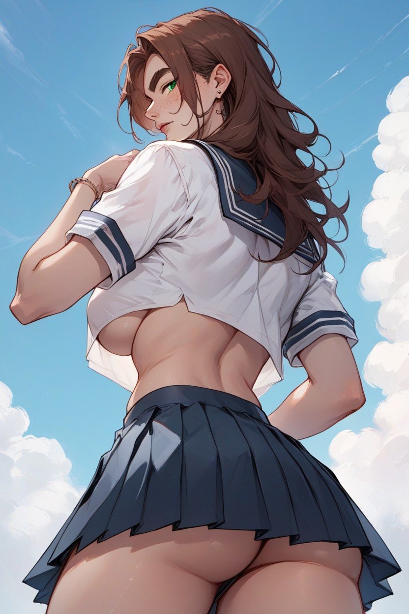 Sharp Greyish Green Eyes She Has Straight Brown Hair, Meters Tall, Wearing A Japanese School Uniform With A White Blouse Exposing The Underboob And A Navy Pleated Skirt So It Reveals The Lower Half Of Her Buttocks A Low Angle View From BehindAIポルノ