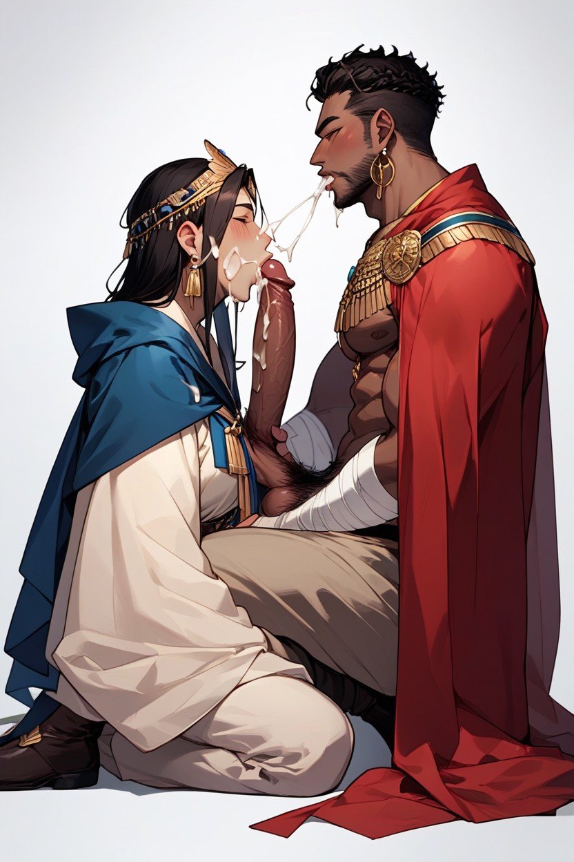 2人, Gayblowjobeuropean Man In A Toga Sitting On A Gold Throneafrican American Man Receiving A Blowjob From A White Manafrican American Man Giving Blowjob On Knees, ケープファーリーAIポルノ