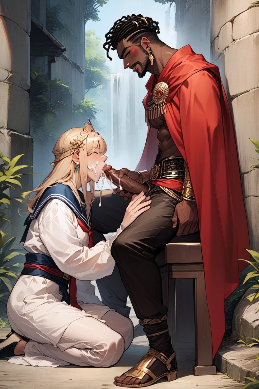 Gayblowjobeuropean Man In A Toga Sitting On A Gold Throneeuropean Man Receiving A Blowjob From A African-american Manafrican American Man Giving Blowjob On Knees, ケープ, 射精AIポルノ