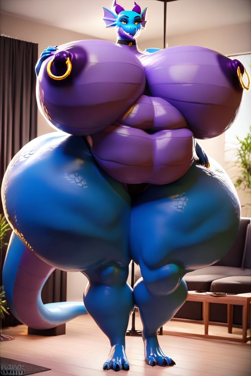 With Gigantic Hyper Breasts Huge Hyper Ass Thick Thighs Big Stomach Black Choker Dark Purple Nipples Gold Nipple Rings Fat D Art Style Completely Nude, Tanga, DragónPorno AI Furry