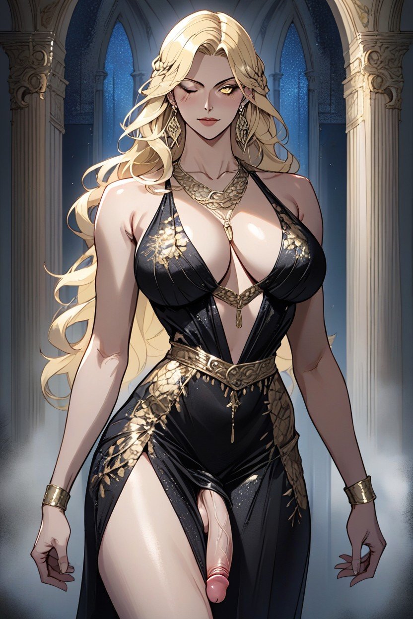 Black Silk Dress, Gold Eyes, 모델퍼리 AI 포르노