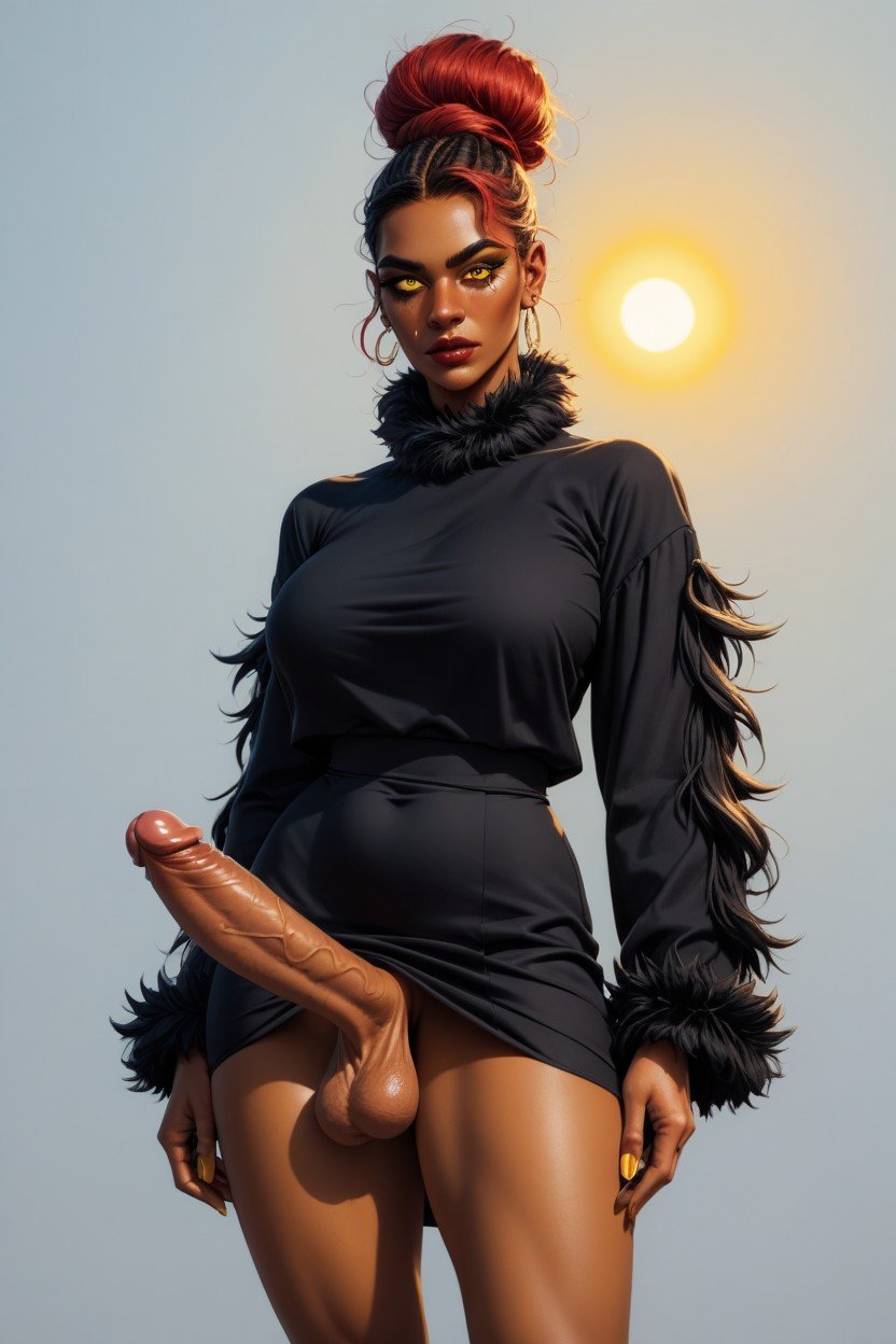 Brown Skin Anime American Princess Two Spirit Narrow Eyes Mysterious Wearing Skin Fur Dress Sun Eagle White Black Yellow Red Mirrorlike Skintone Travesti IA Pornô