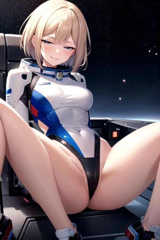 Spaceship Background, Sitting Down Legs Spread, Bobcut AI Porn