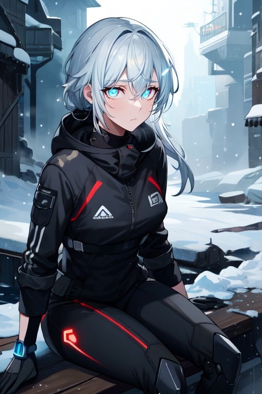 Carbon Fiber Plating, Mechanical Joints, Futuristic Combat Android Prototype Sitting On A Bench By A Frozen River Hentai AI Porn