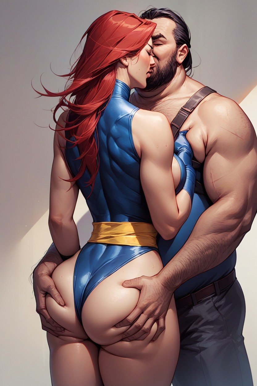 Standing, Psylocke From X-men Wearing A Front High Sleeveless Leotard, Fat Bastard Groping Her Ass Pornografia peluda com IA