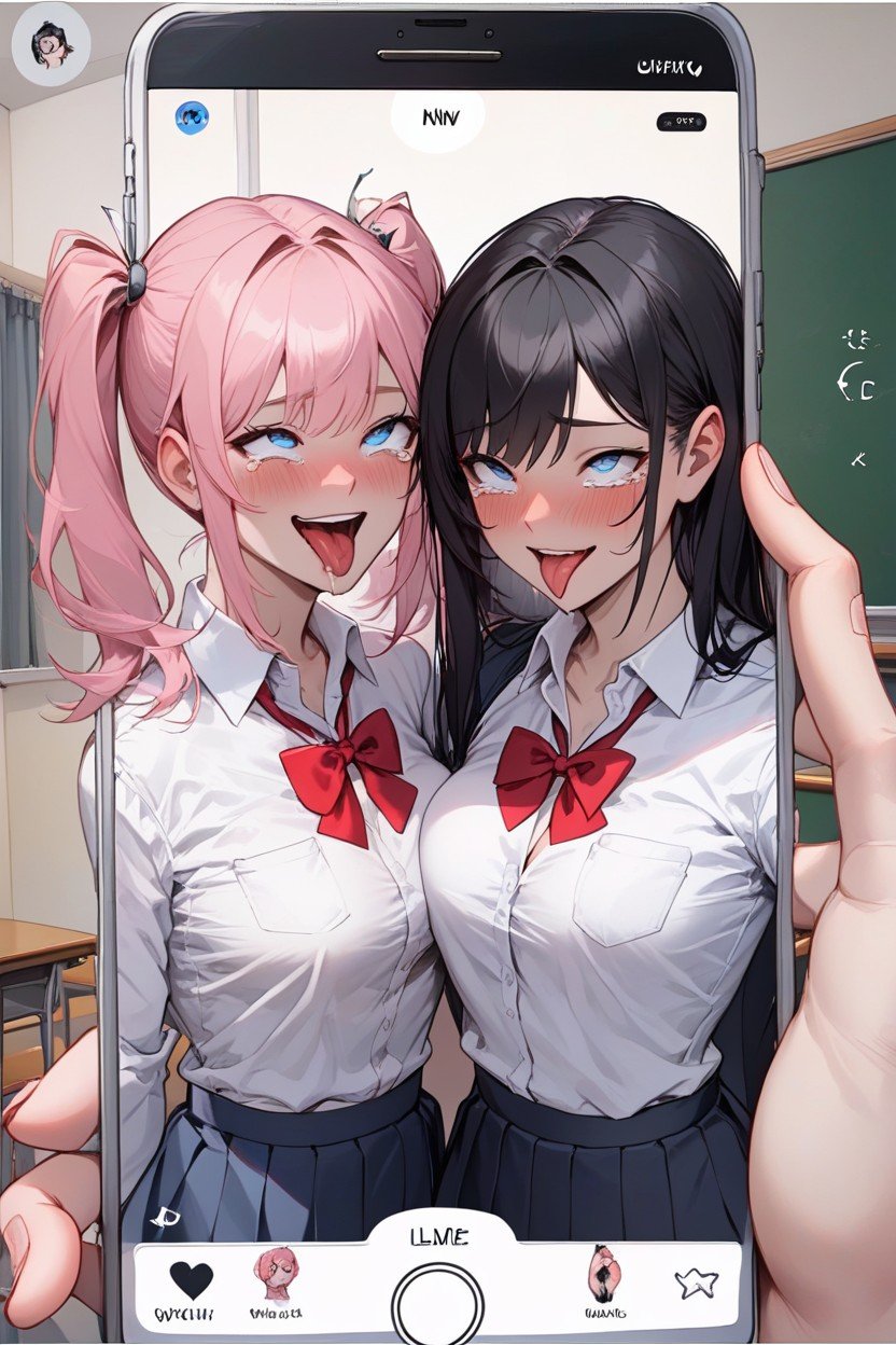 Ahegao, The Girls Pressed Their Cheeks Against Each Other, Black HairPorno IA Furry