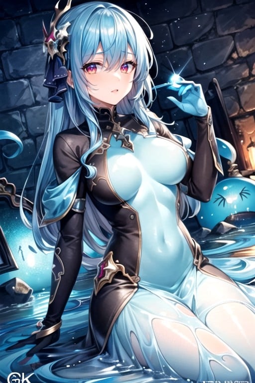 Blue Slime Woman Glowing Red Eyes Stone Dungeon Background AI Porn