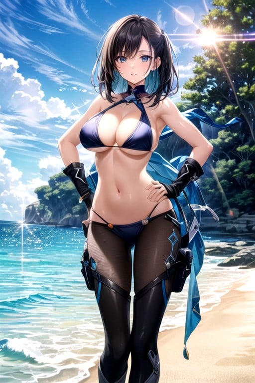 Slingshot Bikini, Hands On Hips, Beach AI Porn