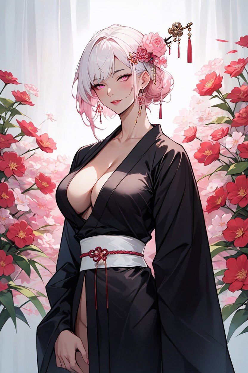 Ojos Rosas, Woman, Black Kimono With Red FlowersPorno AI