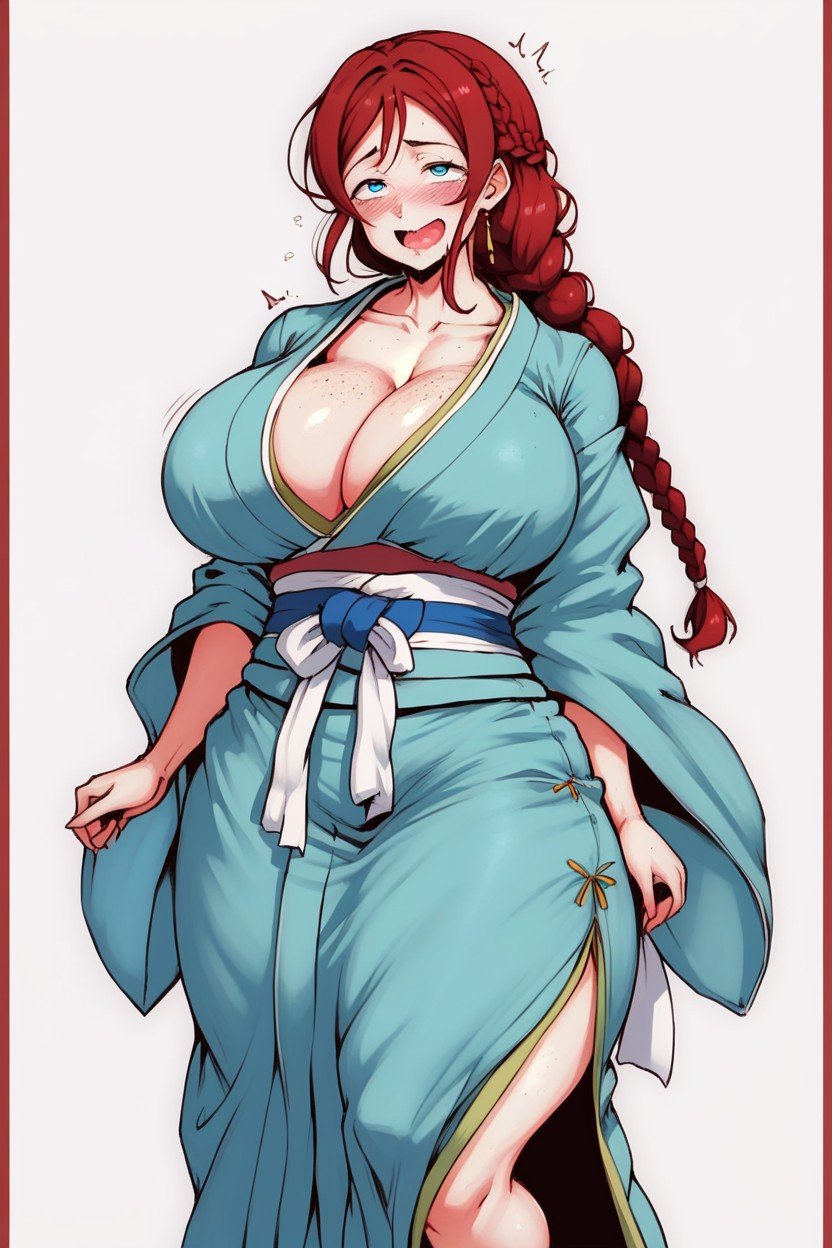 Red Hair, Heavy Breasts, Long CleavageAIポルノ