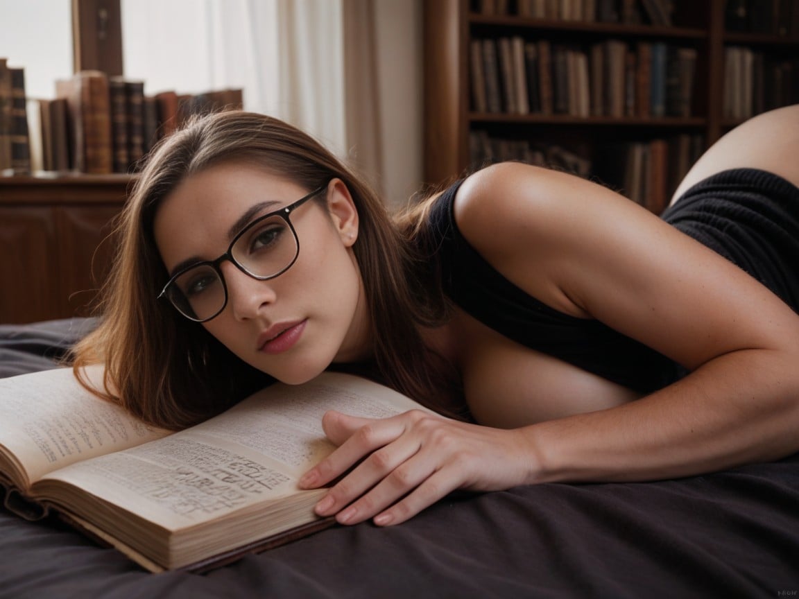 Writing In A Book, Nerd Glasses, Surrounded By BooksPorno AI