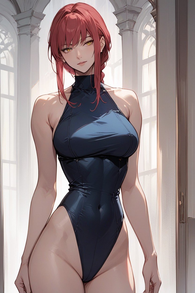 Makima Wearing A Front High Sleeveless Leotard, Waist View, Standing AI Porn