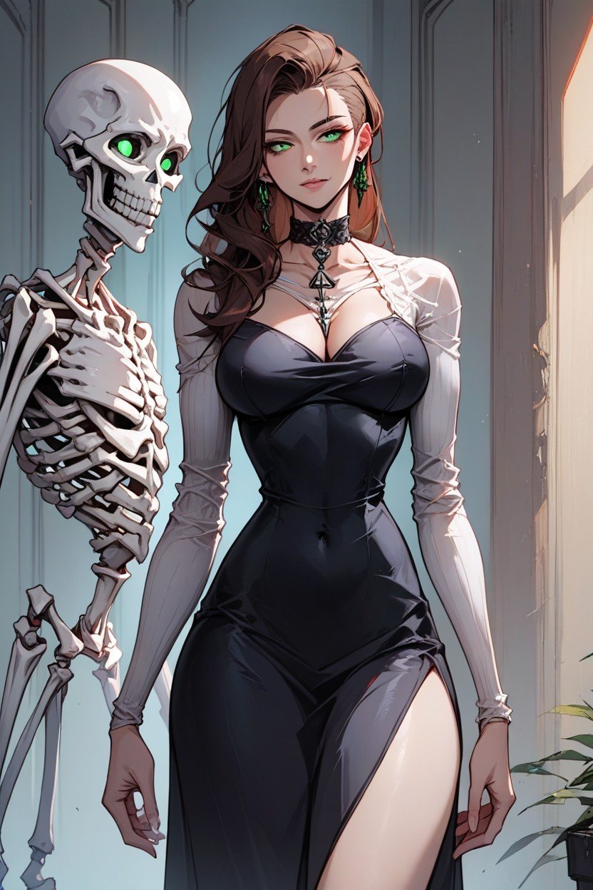 Skeleton Face Long Brown Hair On The Side With Shaved Sides, Green Eyes, Skeleton WomanPorno IA