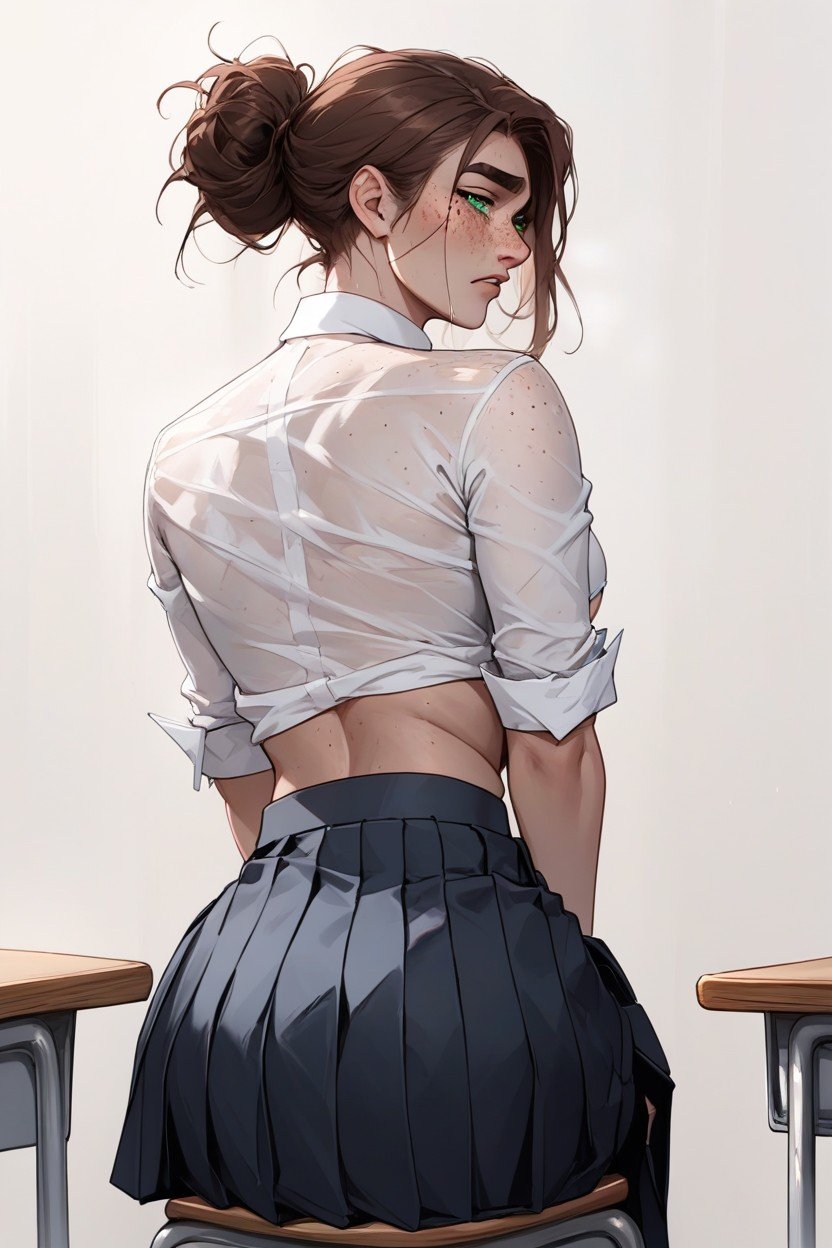 Navy Pleated Skirt So It Reveals The Lower Half Of Her Buttocks, Freckles And Thick Eyebrows, White Transparent Blouse Exposing The UnderboobAI獸人黃片