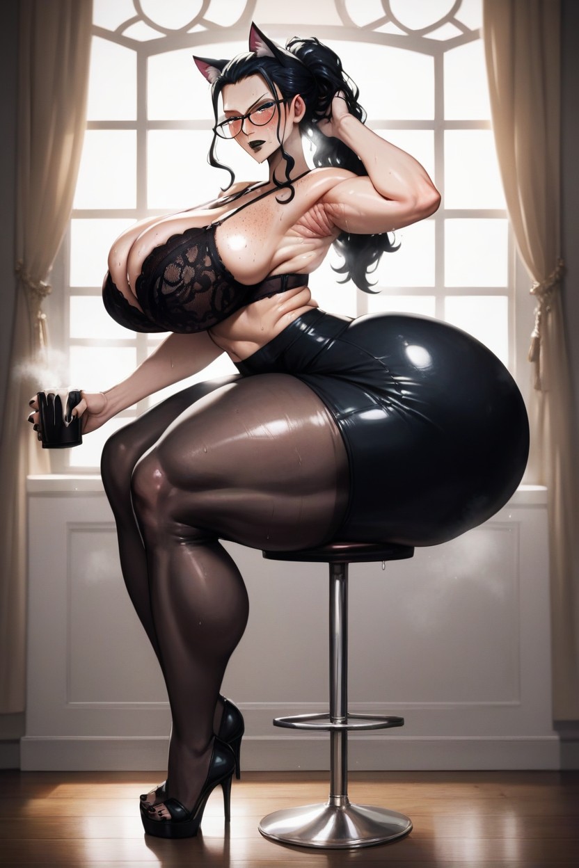 Blushing, Black Framed Glasses, Double D Cup Hentai AI Porn