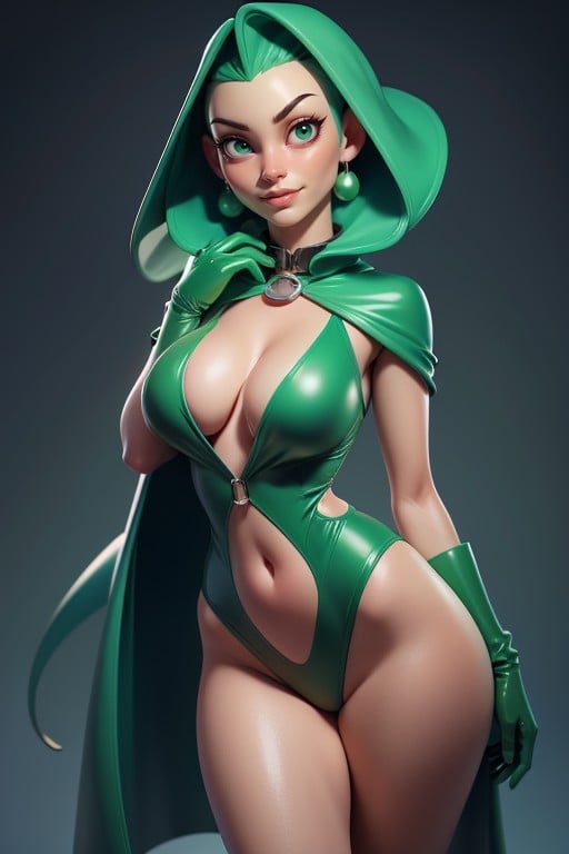 Gorgeous Bald Headed Lady, Green Swimsuit, Evil SmileAIポルノ