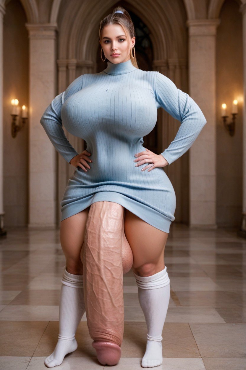 Extreme Hyper Length Flaccid Cock, Stunning Blonde With Blue Long Form Fitting Sweater Dress And Stockings, Skinny Shemale AI Porn