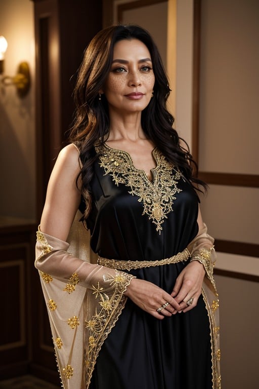 Pelo Negro, Adorned With Intricate Gold Embroidery That Cascades From The Neckline To The Hem Like A Shimmering Waterfallthe Caftan Features Three Quarter Length Sleeves With Delicate Golden Lace Trim At The Cuffs The Neckline Is A Graceful, Fastens The Garmentover The CaftanPorno AI