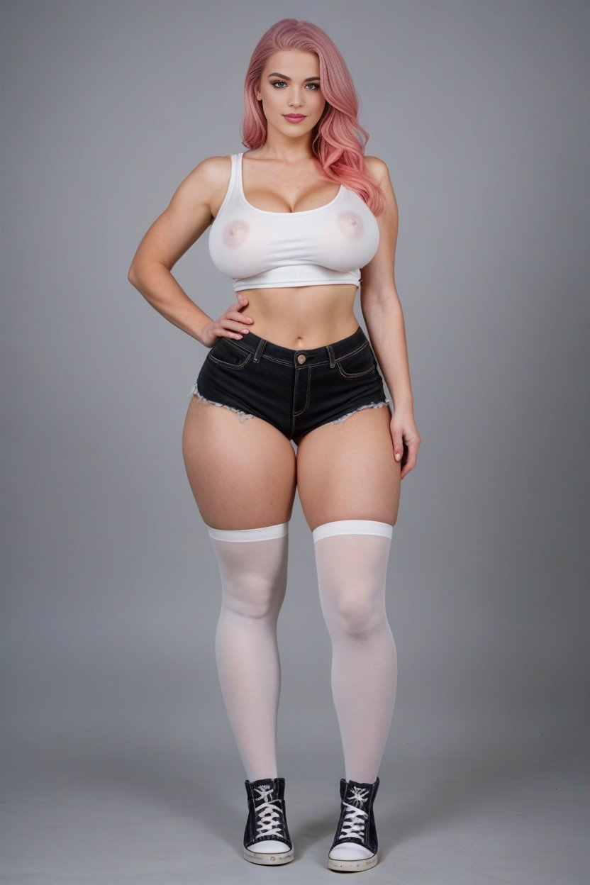 Tight Shorts, Pink Hair, Nipples Poking Through Top AI Porn