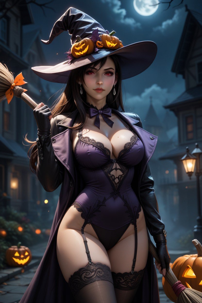 Stockings, Halloween Witch Flying On A Broom Wearing A Flowing Coat And Witch Hat, Medium Breast AI Porn