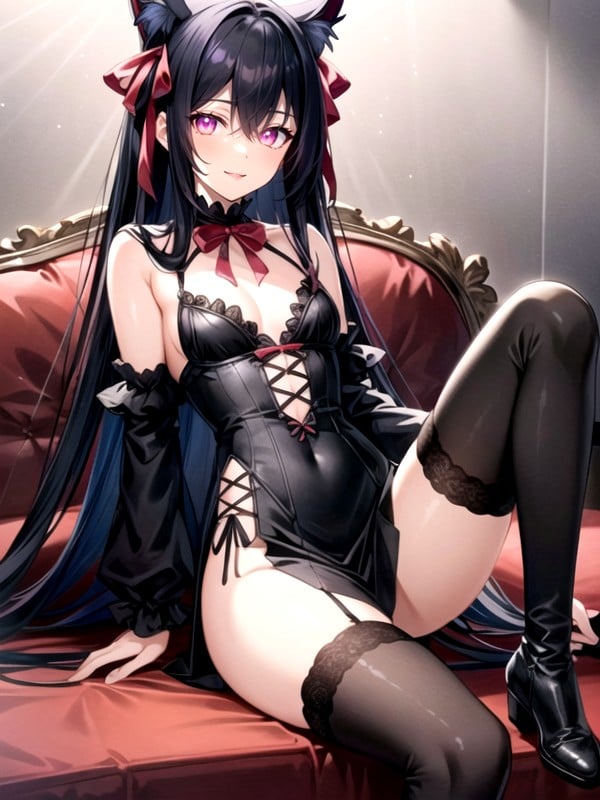 A Gothic Black Dress With Red Frills, Detailed Background, Cm BodyPorno AI