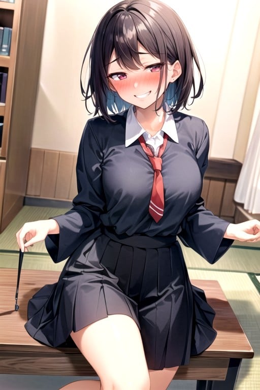 School Uniform, Black Hair, Mischievous (smiling While Blushing) AI Porn