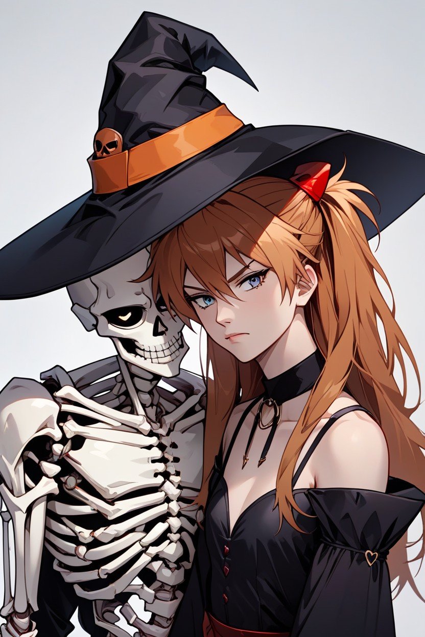 Bored, Skeleton Man Standing At Her Side And A Bit From Behind, Witch Hat AI Porn