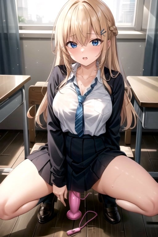 School Uniform, Blonde Hair, Dildo Insertion  AI Porn