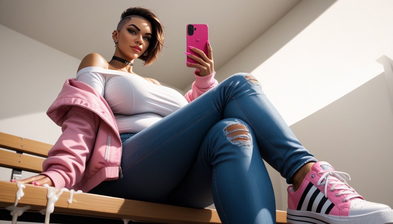 Puffer Jacket, Choker, Sitting On BenchPorno IA