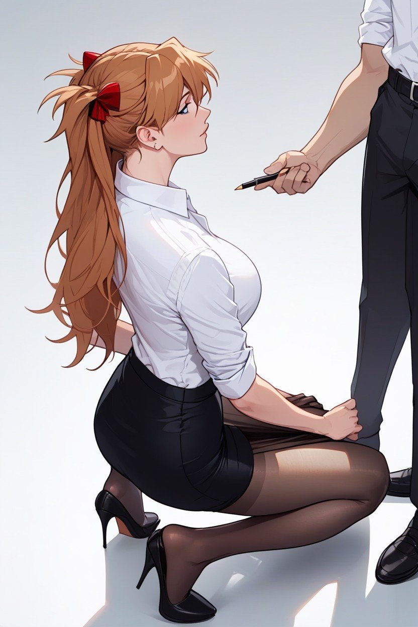 She Is Sitting On Knees, Accurate Anatomy, Barely Appreciable Man Sitting At Her SidePorno AI