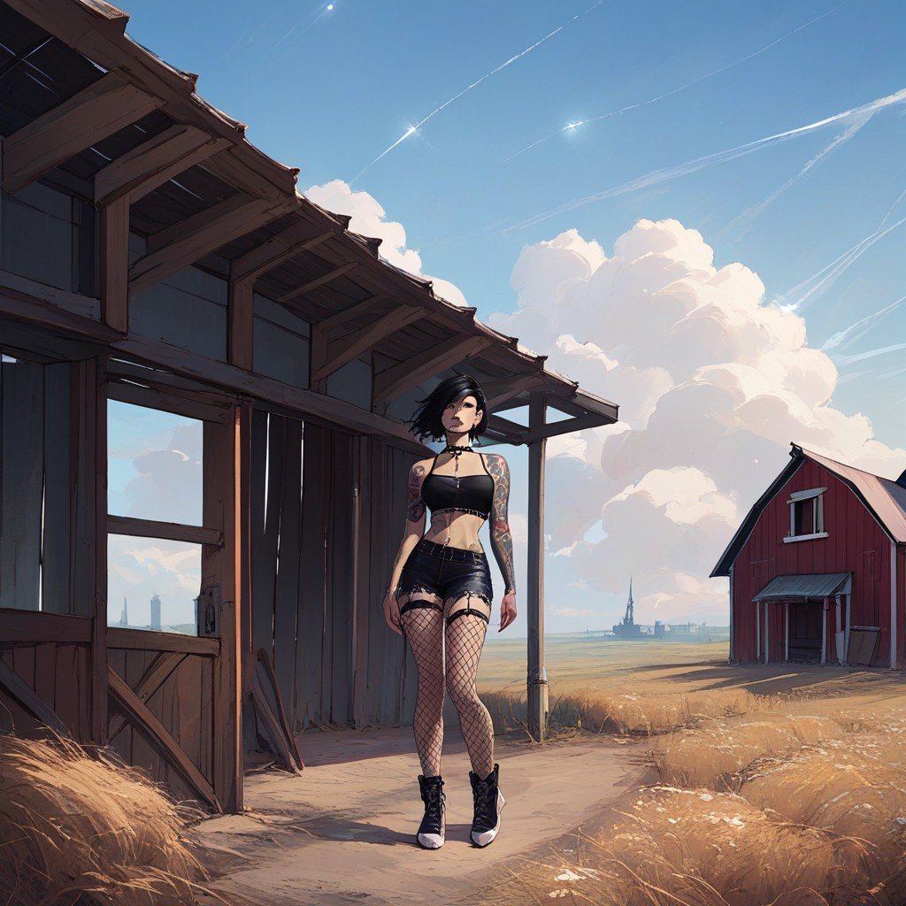 Spaceship In Sky, Barn In Background, 스타킹퍼리 AI 포르노