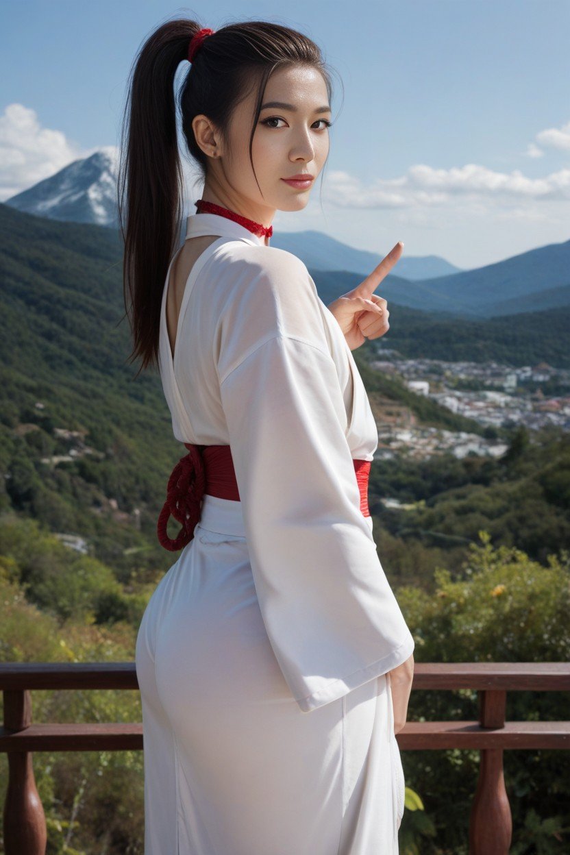 Red And White Kimono, Pointing Forwards, Red Silk Choker Shemale AI Porn