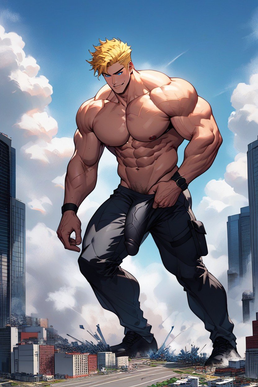 A Massive Giant Tall Nude Man Blond Hair And Blue Eyes Who Destroy A City With Massive Giant Bulging Muscles And Huge Giant Massive Pectoral And Intrincate Giant Massive Full Body Artwork, Macro, Standing Tall In A Destructed AI同性恋黄片