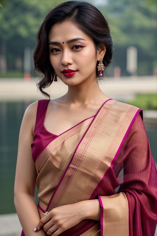 Indo Japanese Woman, Red Lipsticks, Magenta Colour Saree Pornografia de IA