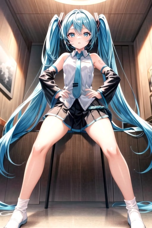 Sentada Com Pernas Abertas, Mãos Nos Quadris, Hatsune Miku Travesti IA Pornô