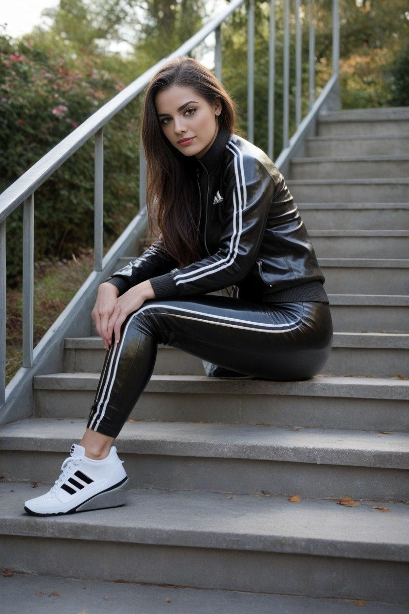 Flared Latex Pants, Latex Tracksuit Jacket, Sitting Down AI Porn