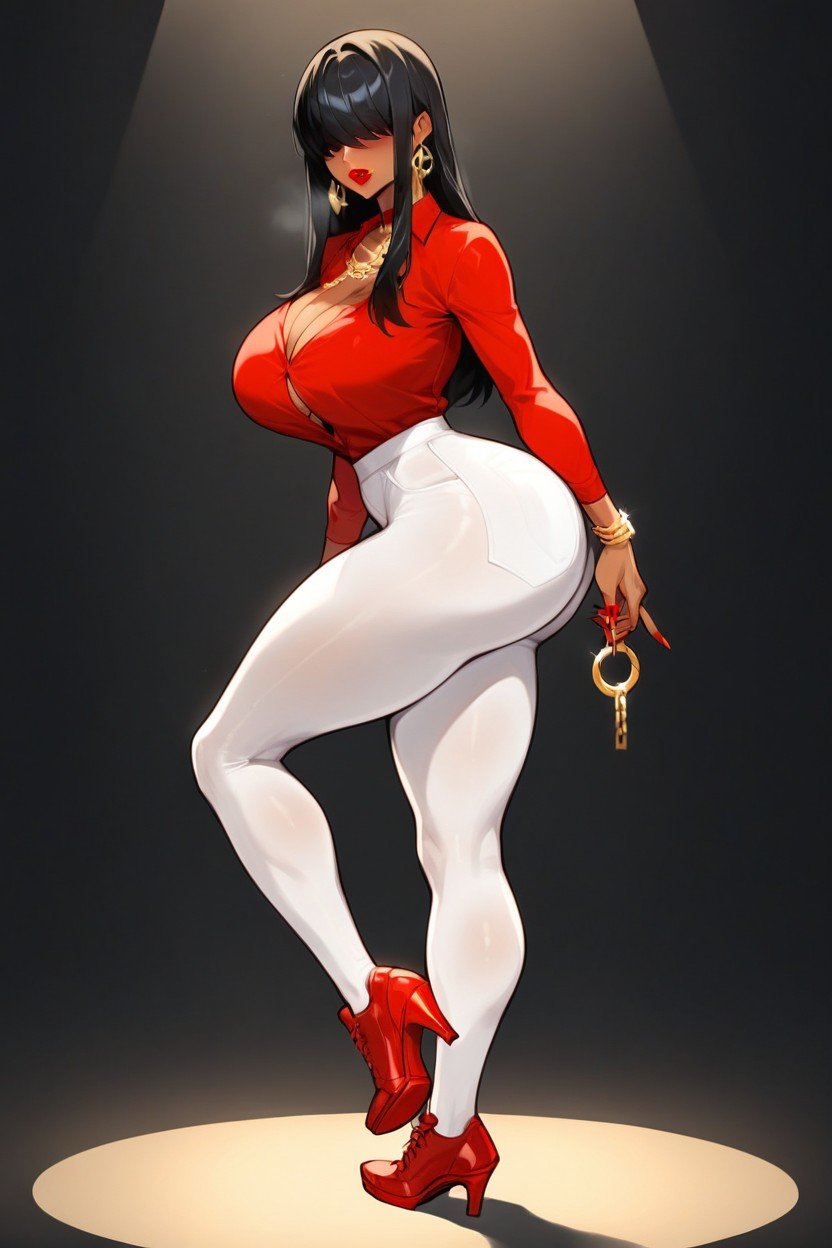 Busty, Big Boobs, And Wearing Red Polo Shirt And White LeggingsAI黄片