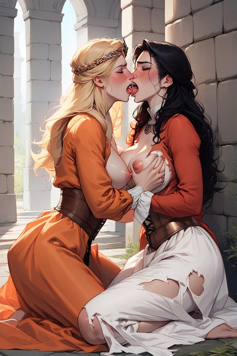 抓胸部, Roman Woman In Orange Dress Fucks Medieval Woman In White Dress, Lesbian Strap OnAI黄片