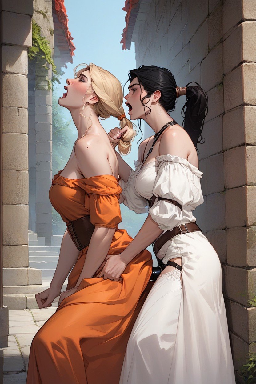 Ponytail, Roman Woman In Orange Dress Fucks Medieval Woman In White Dress, 侧视图AI黄片