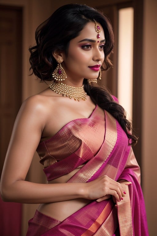 Orange Lipsticks, Magenta Colour Saree, Waist Showing Front Side AI Porn