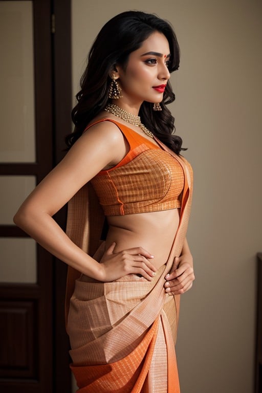 Orange Lipsticks, Cryan Colour Saree, Waist Showing Front Side Pornografia de IA