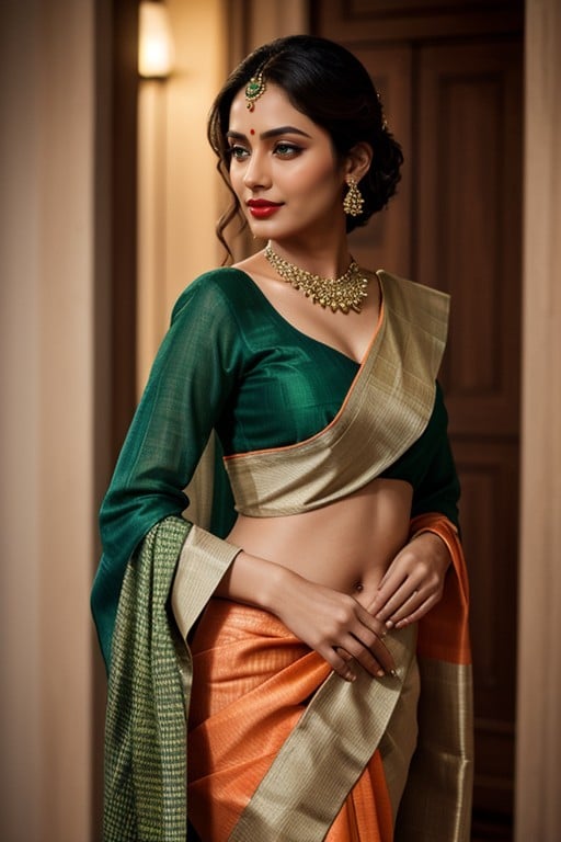 Orange Lipsticks, Waist Showing Front Side People, Green Colour Saree Pornografia de IA