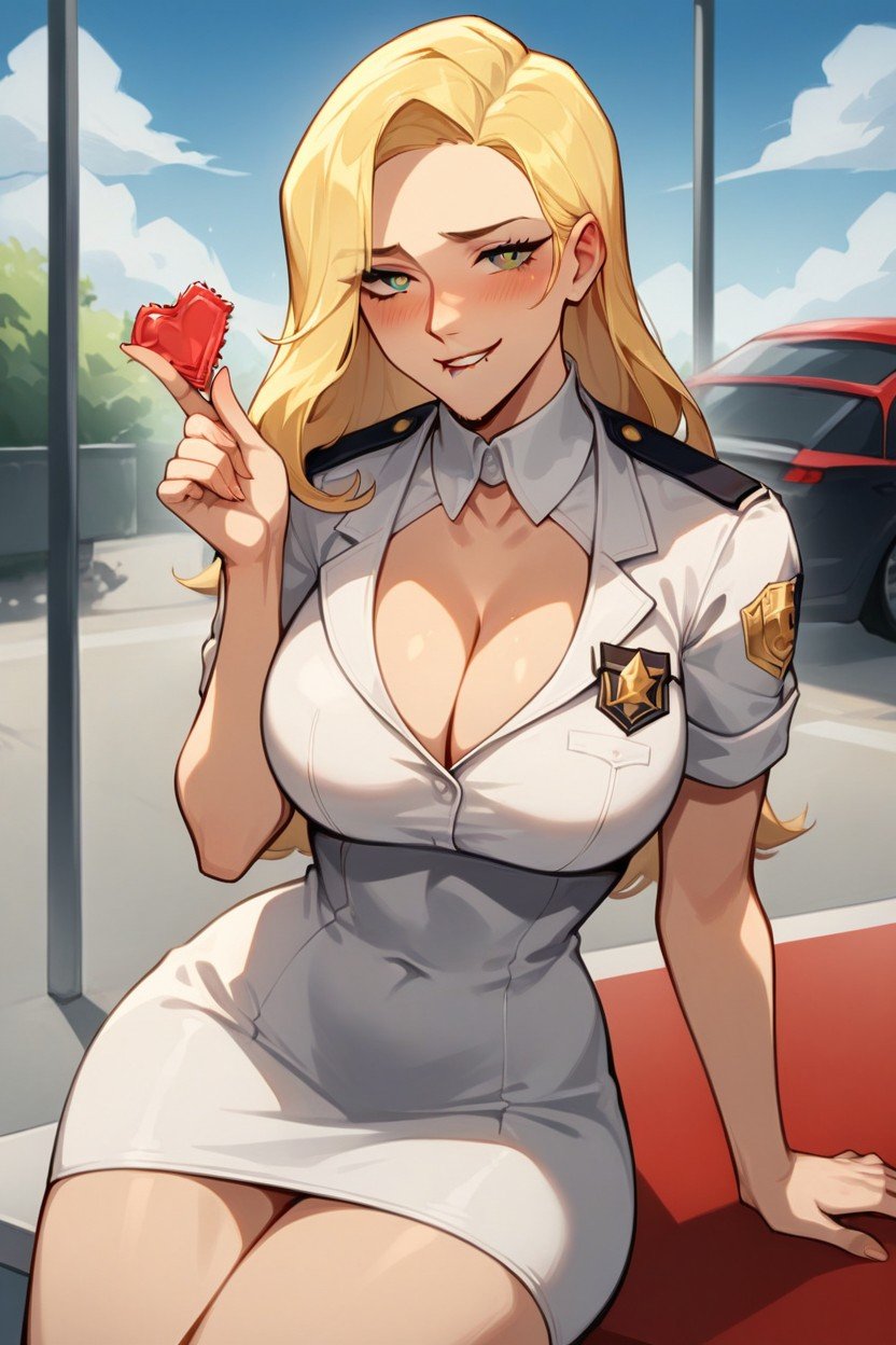 Biting Lip, Green Eyes, Security Guard Uniform AI Porn