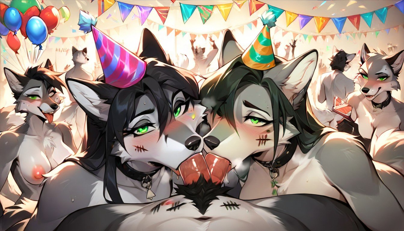 Birthday Hat, Green Eyes, Collar (restraints) Furry AI Porn