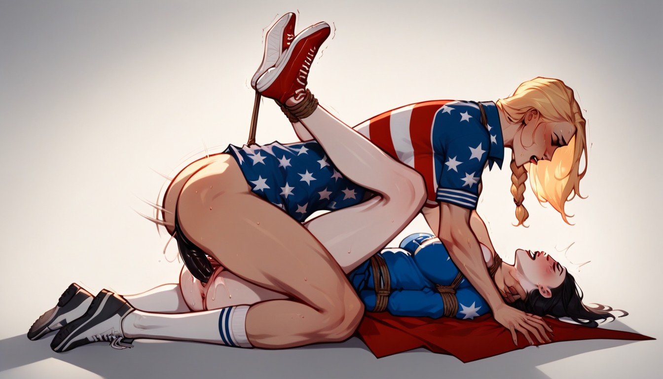 Tall Lesbian Wears American Flag Cape, 2 People, Tall Lesbian Choking And Strap On Fucking Tied Up Woman In School AI Porn