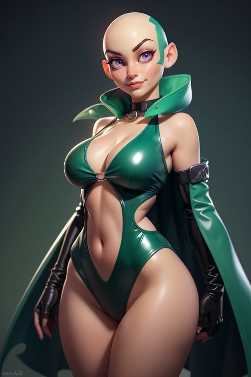 Bald Woman, Green Latex, Smooth Bald HeadAI 포르노