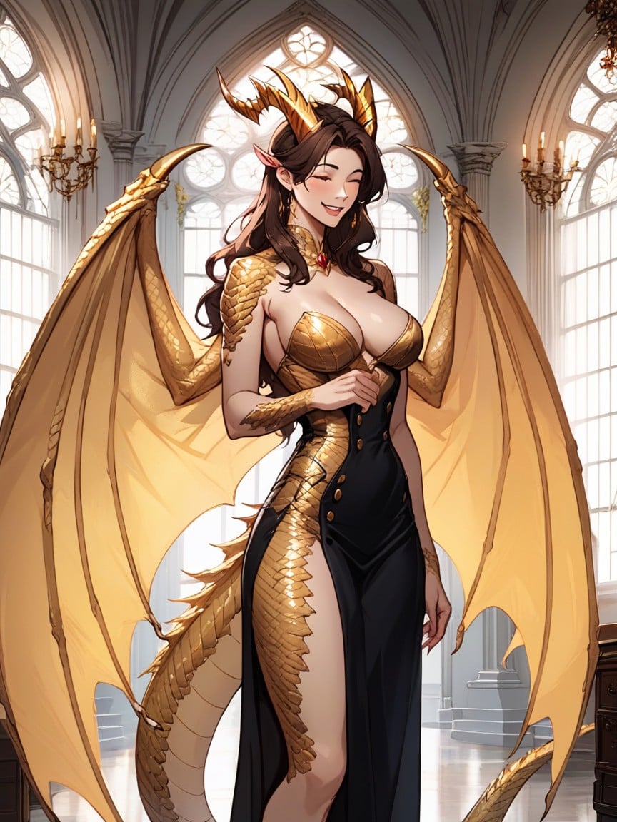 Golden Dragon Woman, Covered In Golden Scales, Black And Gold ClothesファーリーAIポルノ